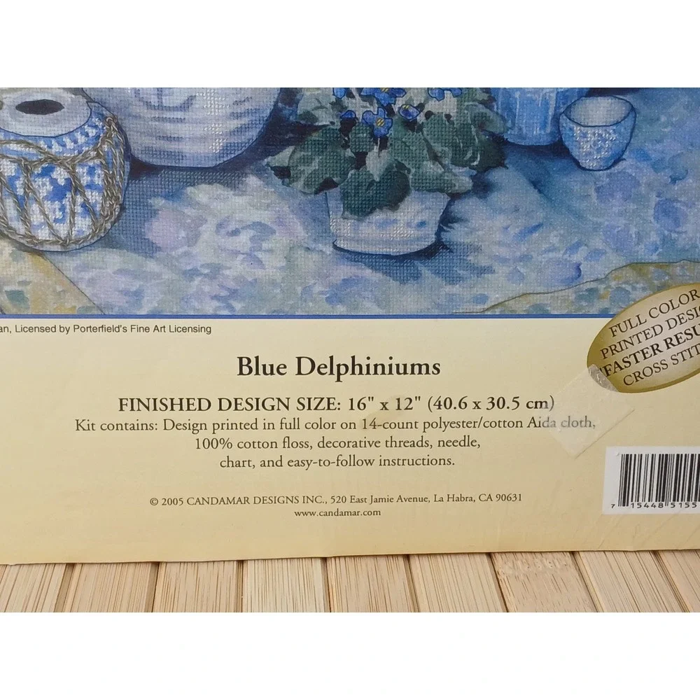 Candamar Designs Blue Delphiniums Embellished Cross Stitch Kit 51551 Joy Waldman